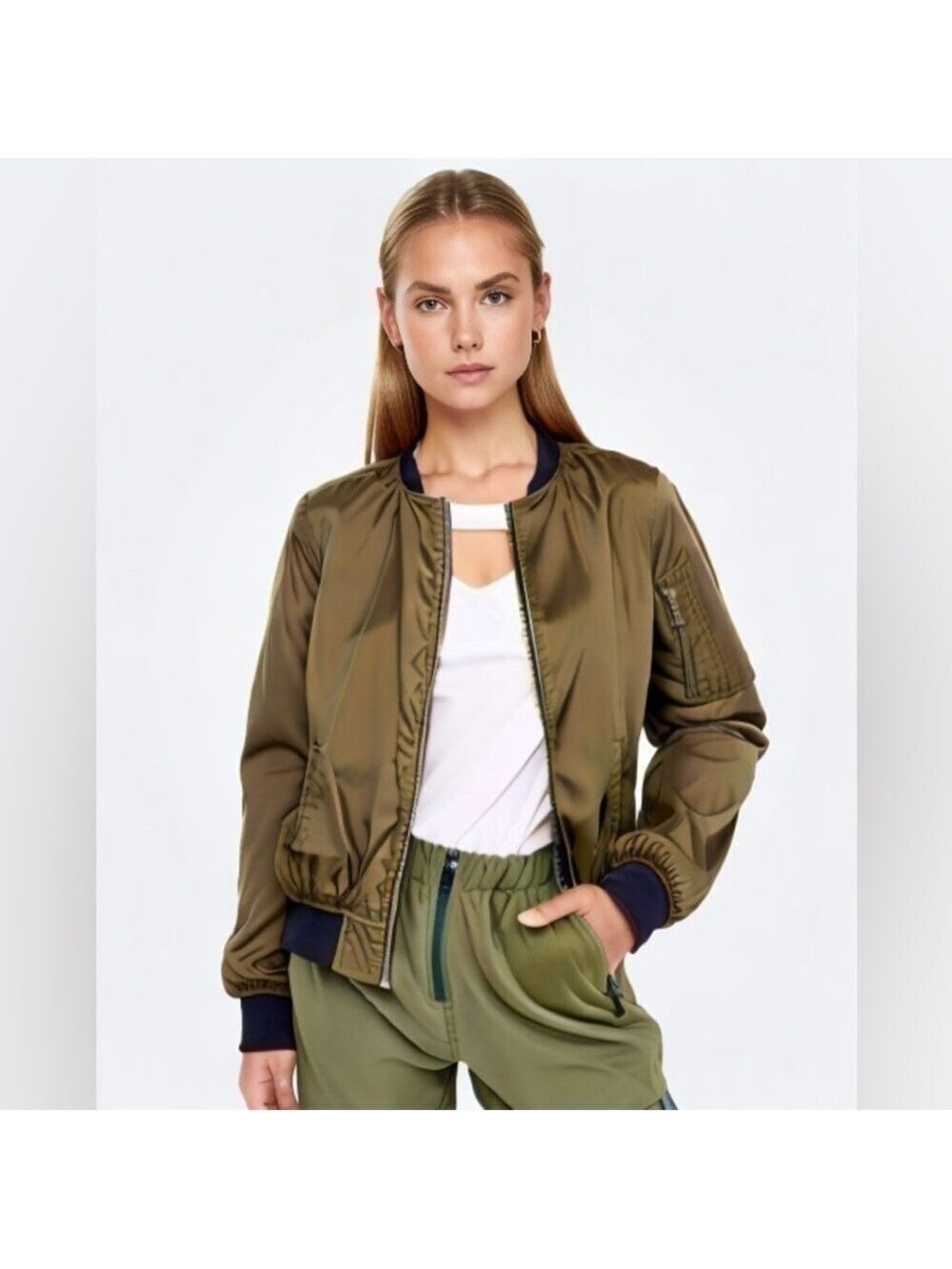 ALYX Satin Olive Green Lined Full Zip Pockets Military Bomber Jacket